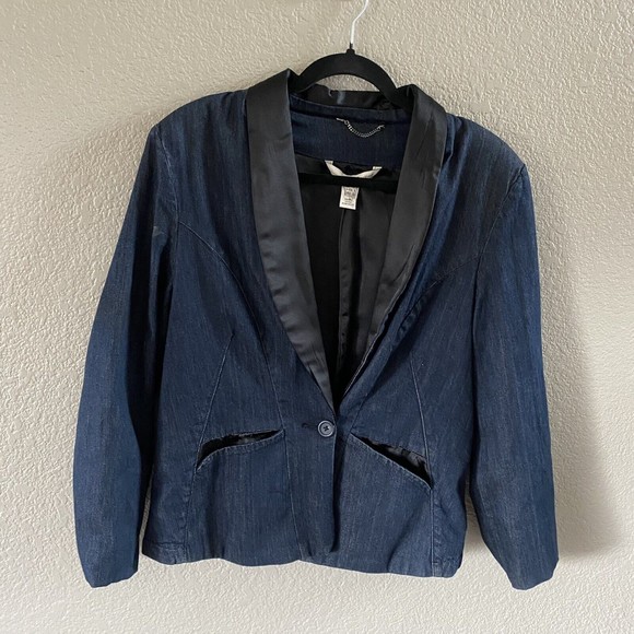 MNG By Mango  Blazer Jacket  Denim Satin Trim Single Button Stretch blue black - Picture 1 of 10